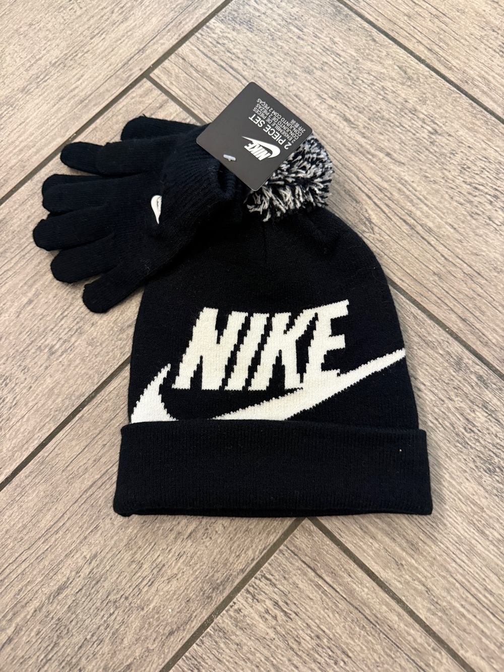 Nike Black & White Logo Pom Beanie with Matching Gloves